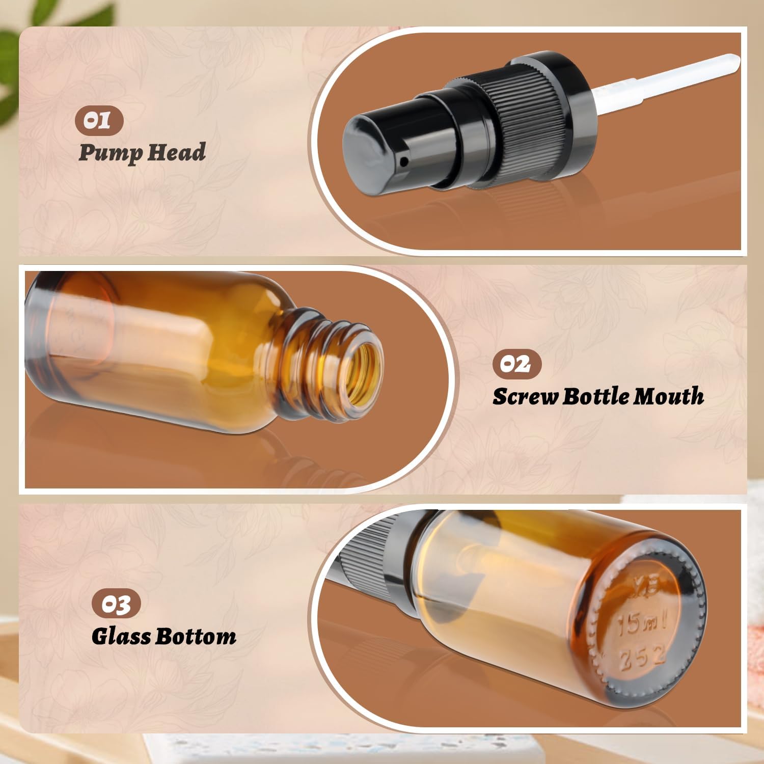 12 Pcs Amber Glass Pump Bottle Refillable Lotion Foundation Container Cosmetic Dispenser with Press Pump for Essence Lotion Travel - 15ml/0.5oz