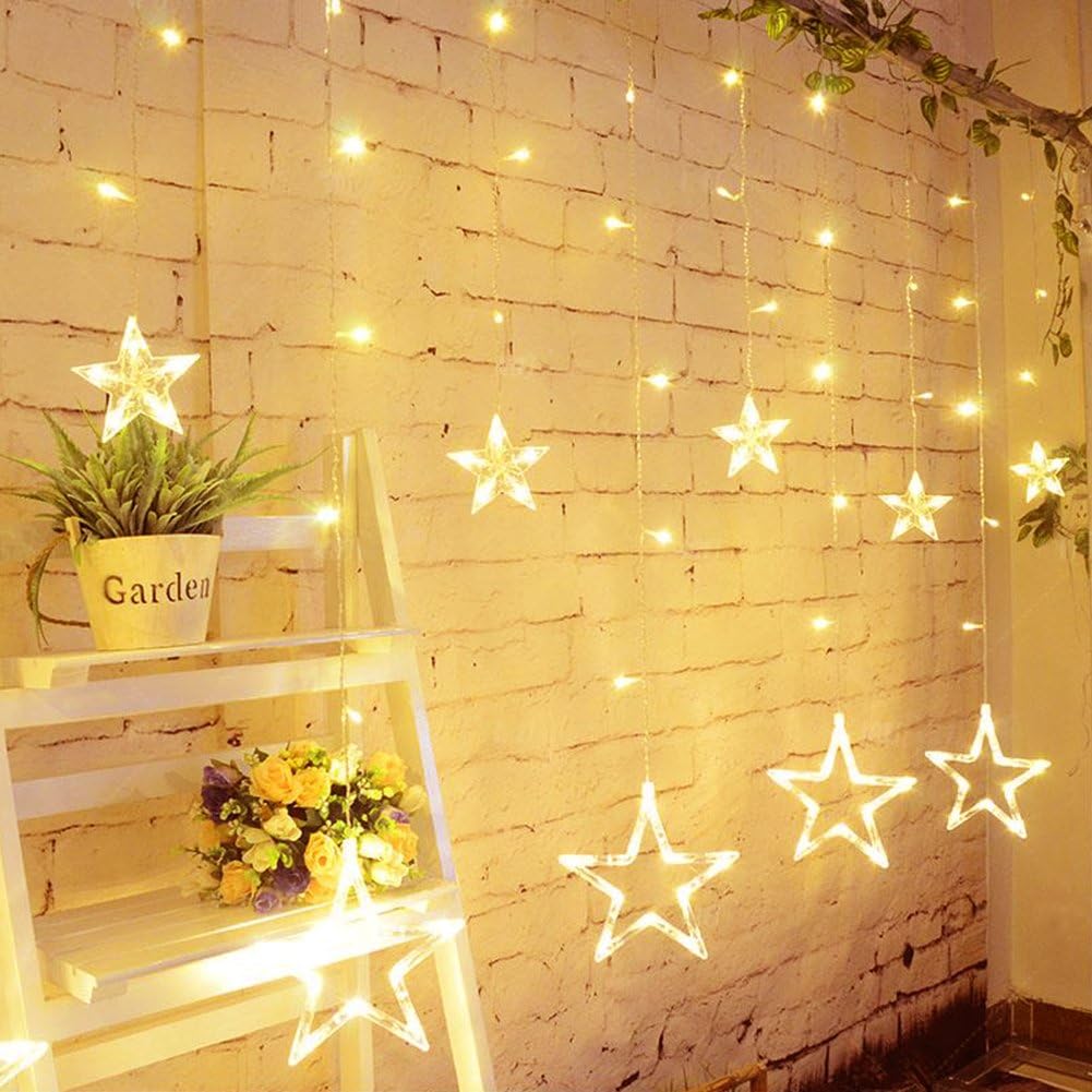 slashome Star Curtain Lights, 8 Modes, 29V, with 12 Stars 138pcs LED Waterproof Linkable Curtain String Lights, Warm White String Light for Christmas/Halloween/Wedding/Party Backdrop, UL Listed