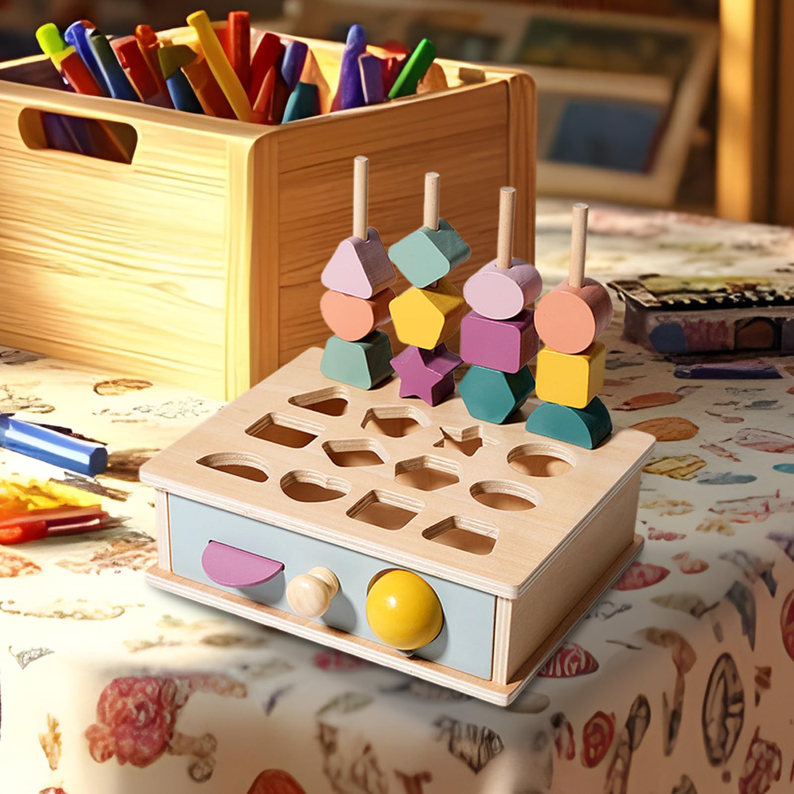 Generisch Shape Sorter Toy, Wood Fine Motor Skills, Easy Grip Lacing Beads Sequencing Game Educational Toy Problem Solving Cognitive Skills Hand Eye, Block Matching Lacing Beads for Boys, Girls