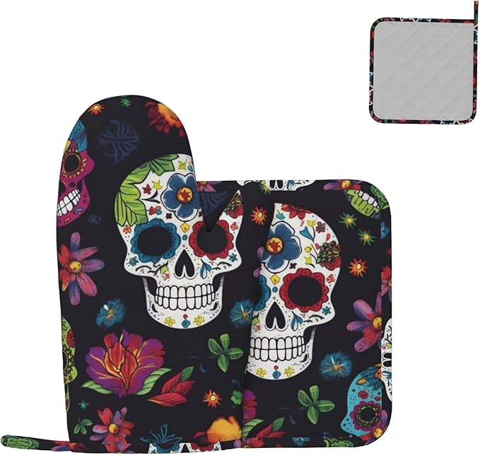 2 pcs Oven Mitts and Pot Holders Set Flower Cactus Sugar Skull Oven Mitt Heat Resistant Oven Gloves for Cooking Non-Slip Hot Pads Washable Cooking Gloves for Baking BBQ Microwave
