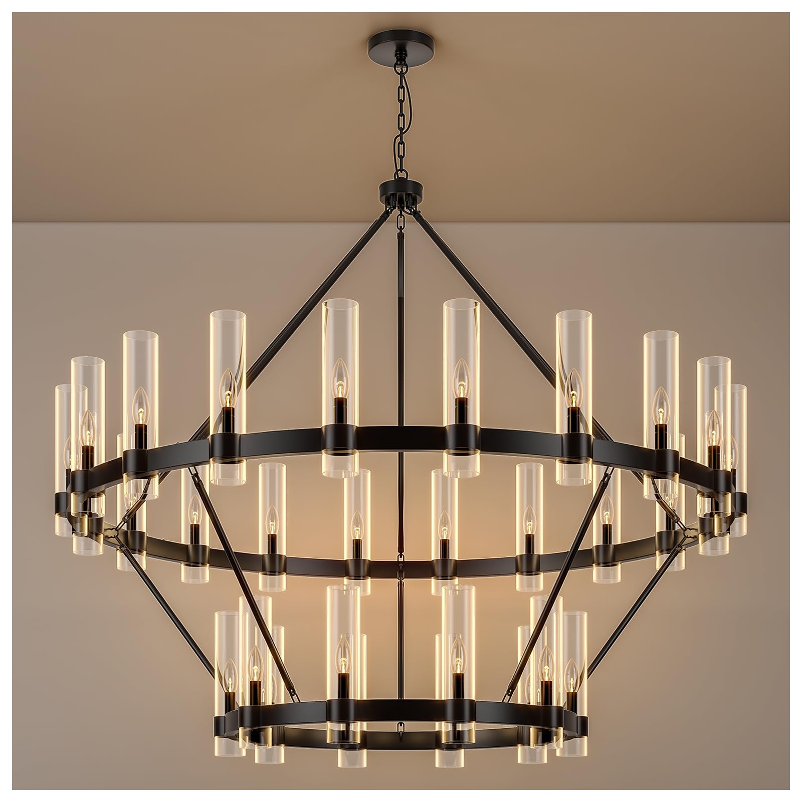 AEULYTIR 60 Inch Black Wagon Wheel Chandelier 2 Tier with Glass Shade, 30 Lights, Modern Farmhouse Style, Ideal for Dining Room, Kitchen, Entryways