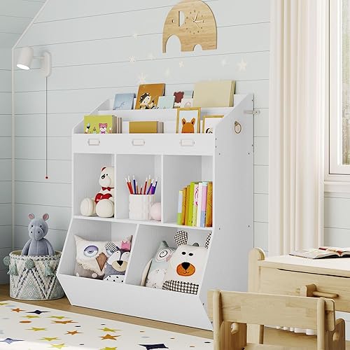 Miniatura 4 de HOOBRO Estantería para niños, organizador de juguetes y almacenamiento, estantería para niños, 5 compartimentos y 3 estantes de 3 capas, cabecera