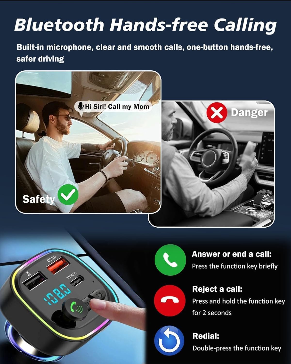 Car Bluetooth Transmitter,5.3 FM Bluetooth Car Adapter,PD 20W & QC 3.0 Fast Charging,FM Bluetooth Transmitter Dual Usb+1 Type-C,Hands Free Calling FM Transmitter Bluetooth,Supports USB/TF/SD — view 4