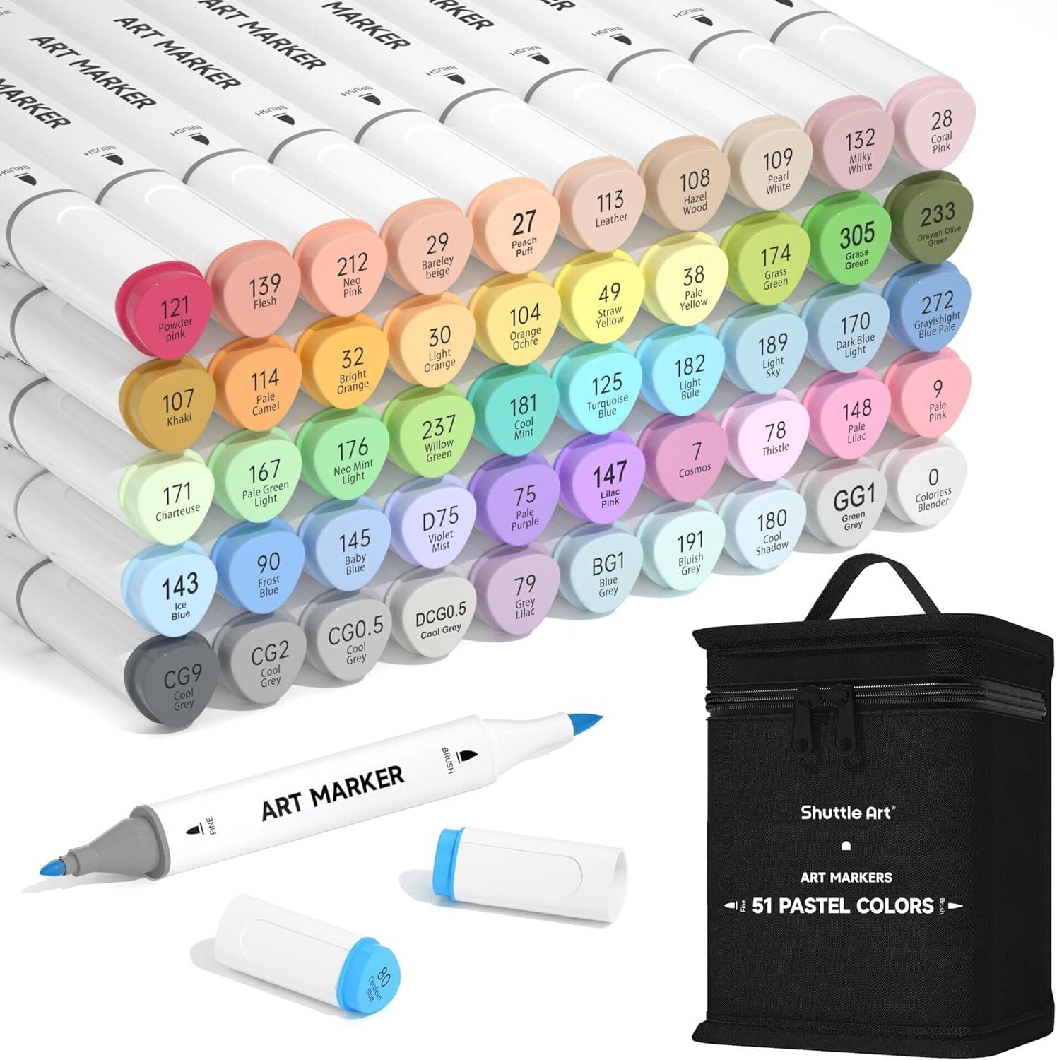 Shuttle Art 50 Pastel Colours, Permanent Alcohol Markers, Dual Tip Marker with Case Perfect for Illustration Adults Colouring Drawing and Cardmaking Global Recycled Standard Global Recycled Standard Global Recycled Standard