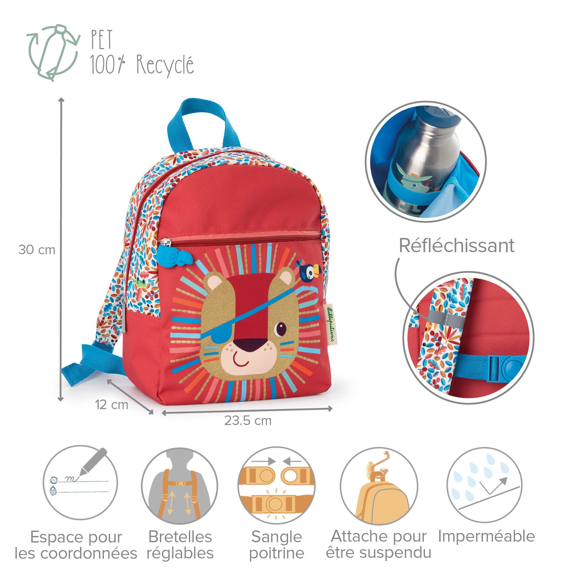 Lilliputiens - Mochila reciclada PET Jack el león - Mochila para niños con bolsillo grande, correas ajustables y cinturón - Resistente al agua, ideal para la escuela y salidas - Desde 2 años - 84478