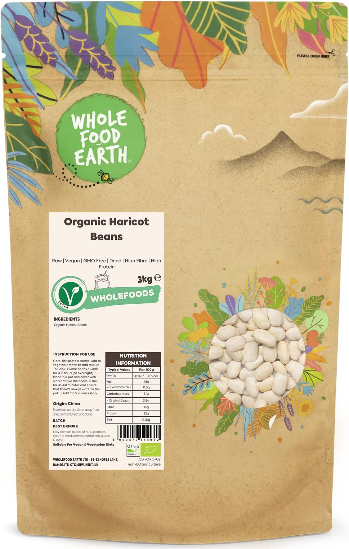 Wholefood Earth Organic Haricot Beans 3kg Raw | Vegan | GMO Free | Dried | High Fibre | High Protein | Certified Organic