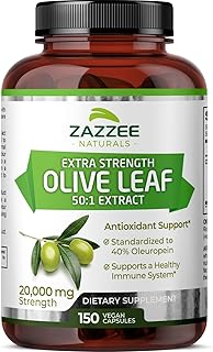 Extra Strength Olive Leaf 50:1 Extract, 20,000 mg Strength, 40% Oleuropein, 150 Vegan Capsules, 5 Month Supply, Concentrated and Standardized 50X Extract, 100% Vegetarian, Non-GMO, All-Natural