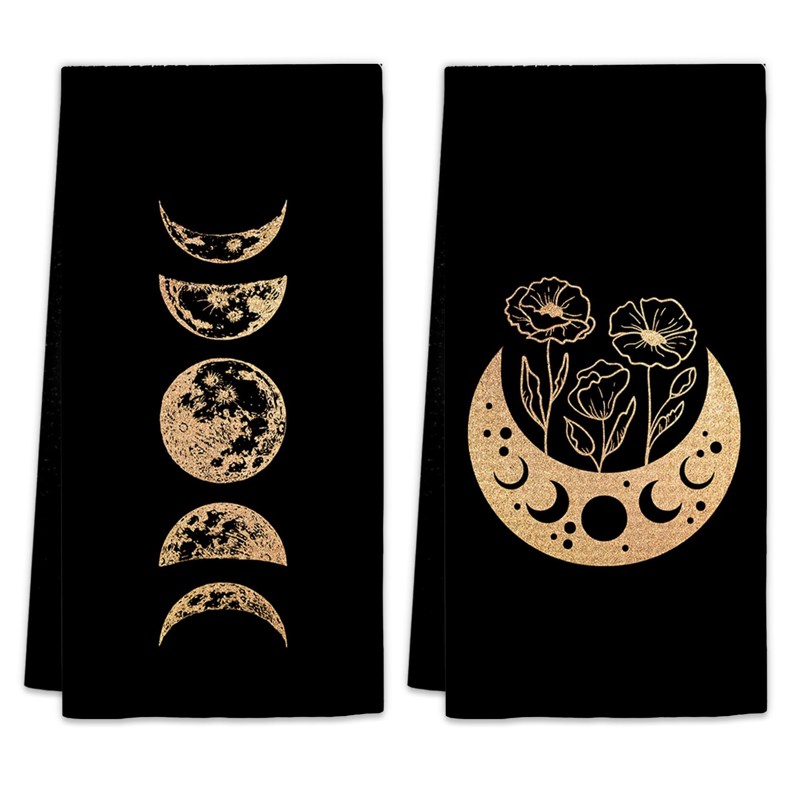 FIicy Black Gold Moon Kitchen Towels Set of 2, Black Boho Tea Dish Towels, BlackGold Moon Decorative Hand Towels for Bathroom Kitchen, BlackCelestial