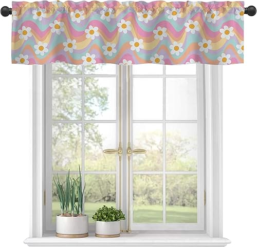 Miniatura 33 de Cortinas de cenefa para ventanas, cenefa de cortina semitransparente con estampado de flores hippie y ondas de arco iris, cenefa de ventana de