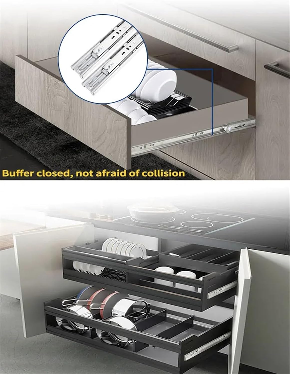 Drawer Stainless Steel Slide Rail Three-Section Rail Damping Buffer Thickened Cabinet Wardrobe Mute(Buffer10inch(25cm))