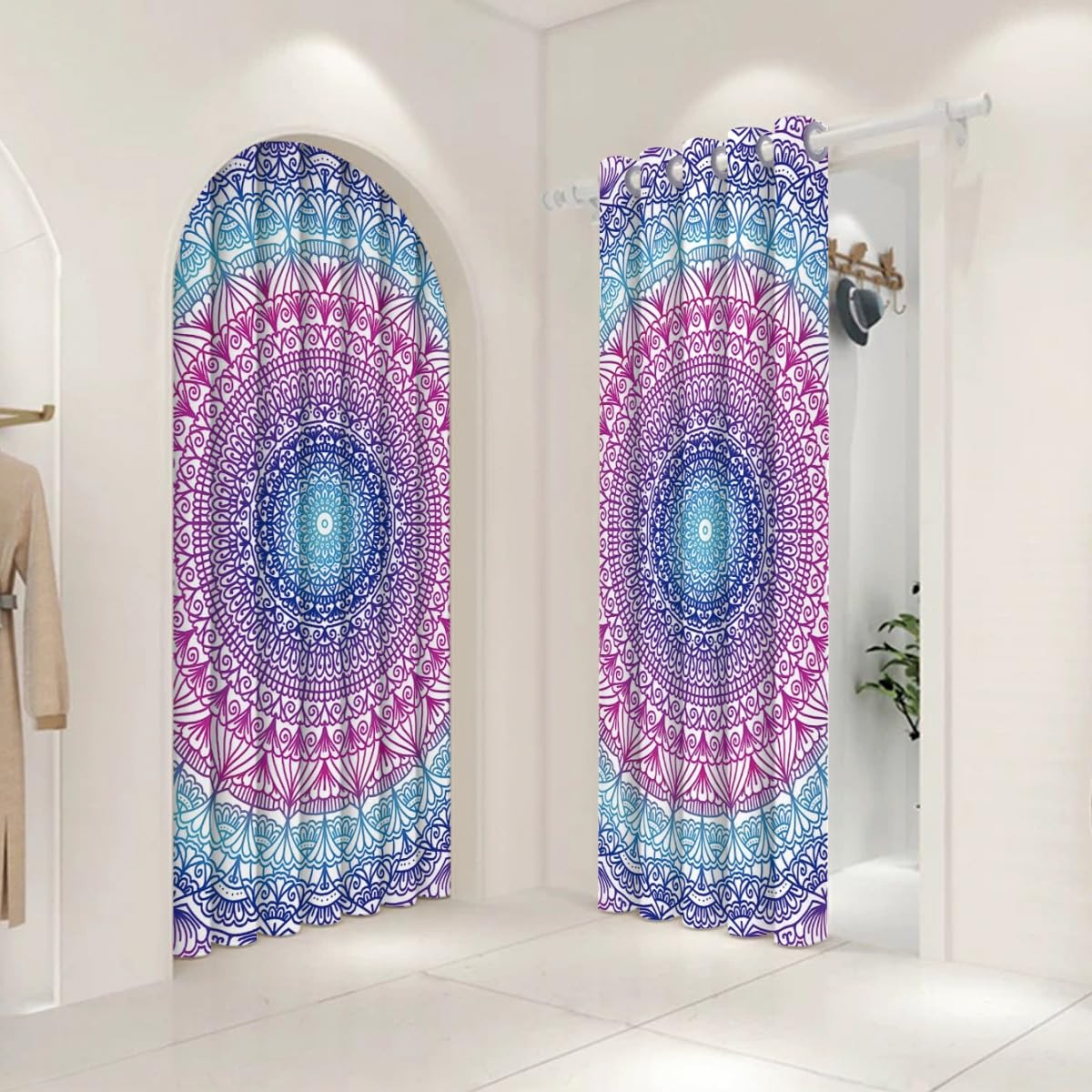 Tenda oscurante per porta, stile mandala, stile bohémien, floreale, in poliestere, tenda oscurante con tasca per bastone, divisorio per la privacy, per soggiorno, camera da letto e balcone
