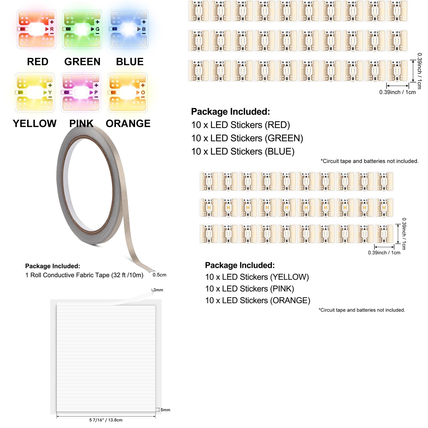 OTCRAFT 60Pcs/Set LED Circuit Stickers Red Blue Green Yellow Orange Pink and Rainbow Blink; Light Craft Kit for Making Light-Up Cards Scrapbook Decoration Light-up Projects (6 Colors) - Image 2