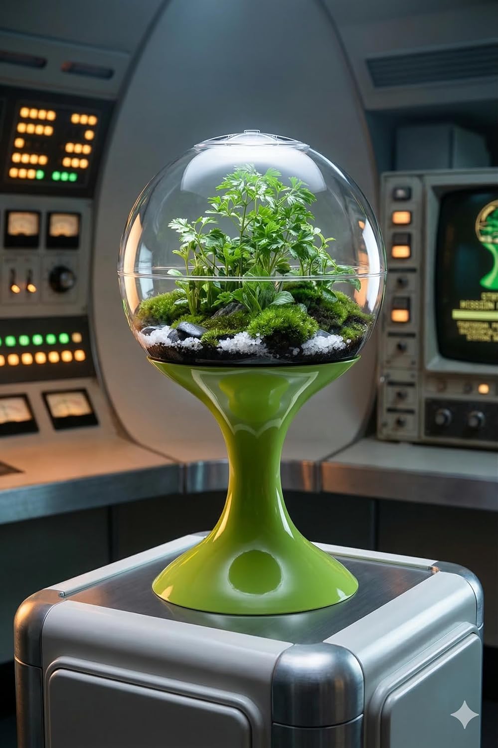 Atomic Space Age Terrarium (Green) – 15.5" Mid Century Modern Desktop Planter – Retro 70s Acrylic Sphere with Tulip Base & Vent – Vintage MCM Decor for Succulents & Collectibles