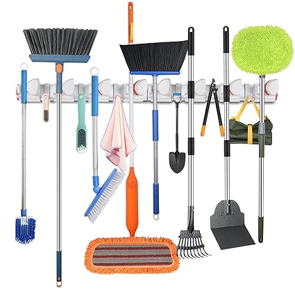 Lalafancy 2 Pack 16' Broom and Mop Holder Wall Mount with Movable Sliding 4 Racks & 3 Hooks, Kitchen, Closet, Garage, Garden & Laundry Room Storage Organizer Wall Hanger for Broom Mop Duster Handles