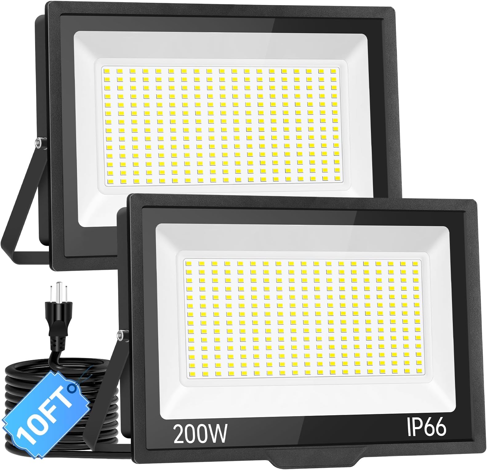 200W LED Flood Light Outdoor with Plug+10ft Wire, 24000Lm Super Brighter Security Light, IP66 Waterproof LED Worklight, 5000K Daylight White Exterior Floodlight for Yard Garden Garage Stadium(2 Pack)