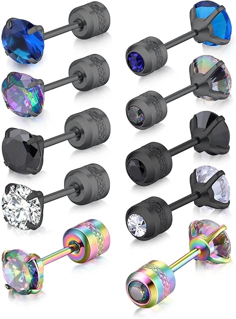 Titanium Earrings Women Men Stud Earrings Surgical Steel Earrings Stainless Steel Earrings Ear Piercing Earrings Screw Back Earrings Sleeper Earrings Cubic Zirconia Studs Double Side Earrings