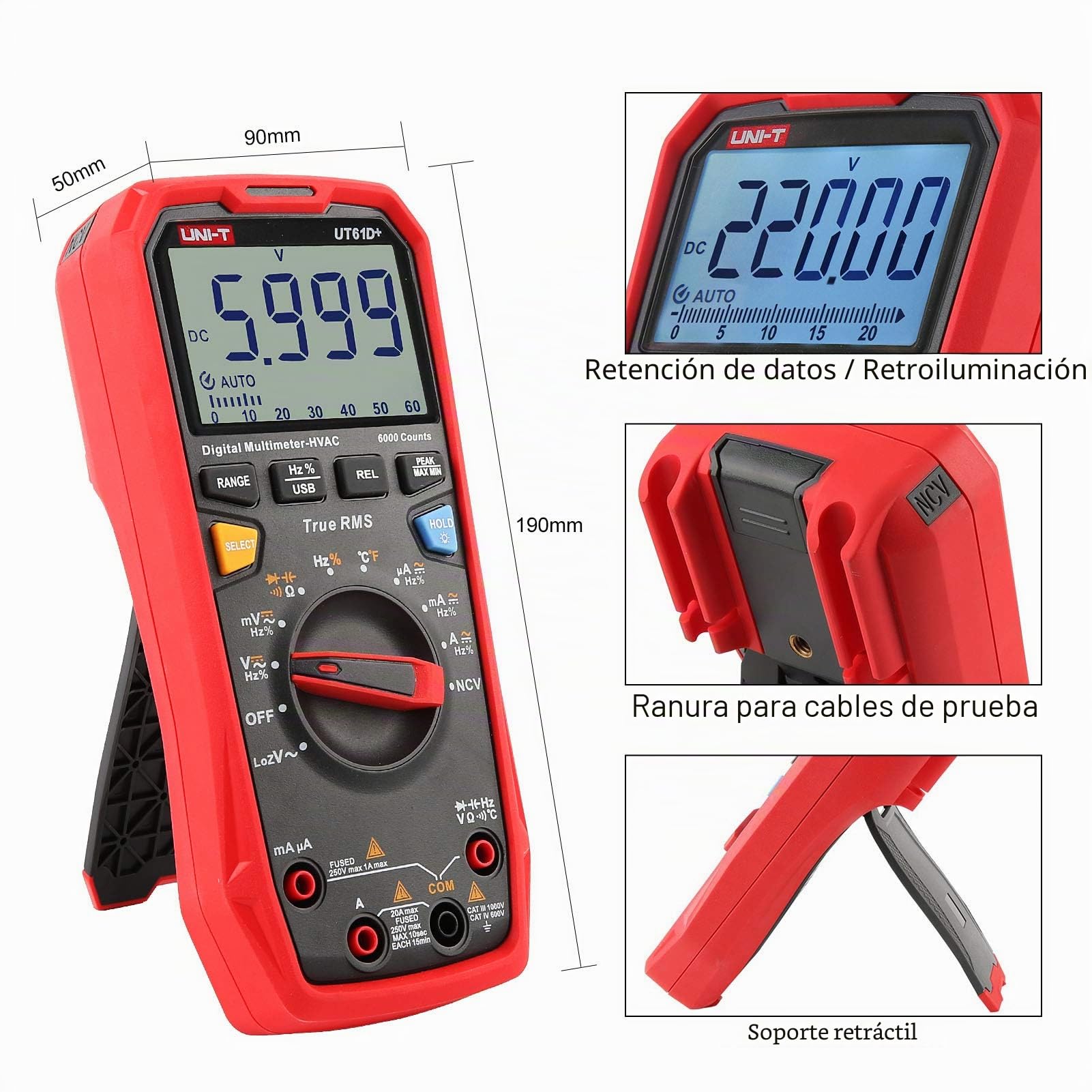 UNI-T UT61D+ 1000V 20A Multímetro digital 6000 cuentas True RMS Voltaje AC/DC Corriente Resistencia Tester