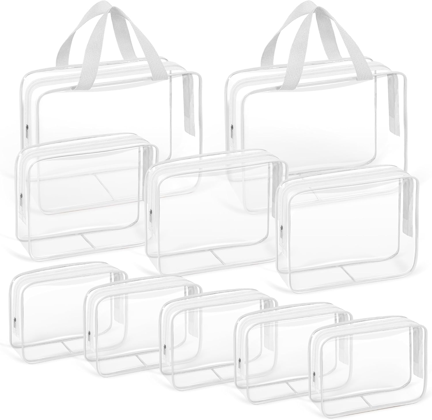 TISRATOK 10 PCS Clear Travel Makeup Toiletry Bag, Plastic PVC Cosmetic TSA Approved Organizer Kit with Zipper Handbag（Coffee）