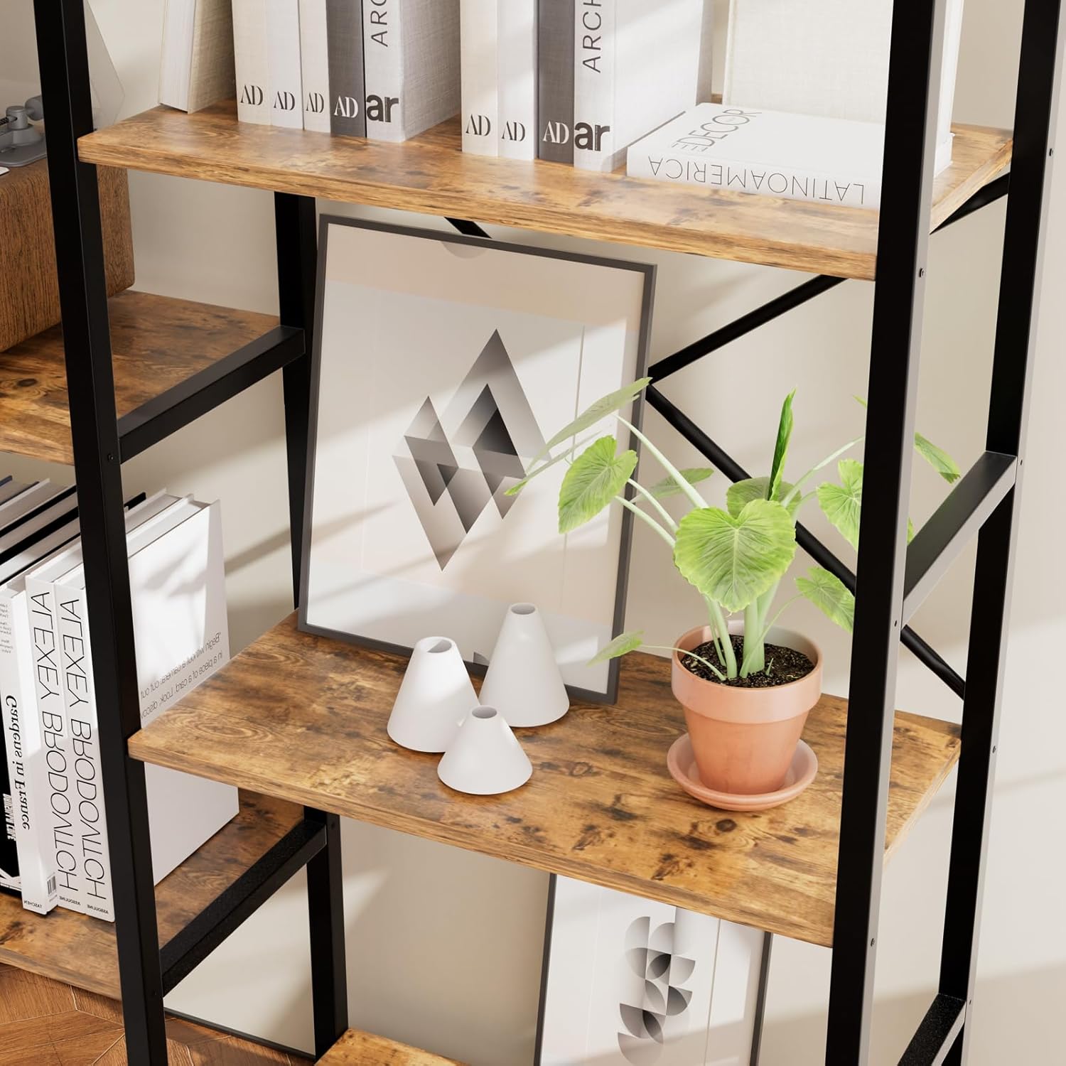 Triple 4 Tier Book Shelf, Modern Bookcase Shelf, Freestanding Large Display Shelves for Living Room/Office/Garage, Stable Large Bookshelf with Storage for Books/Lego/Plants, Rustic Brown