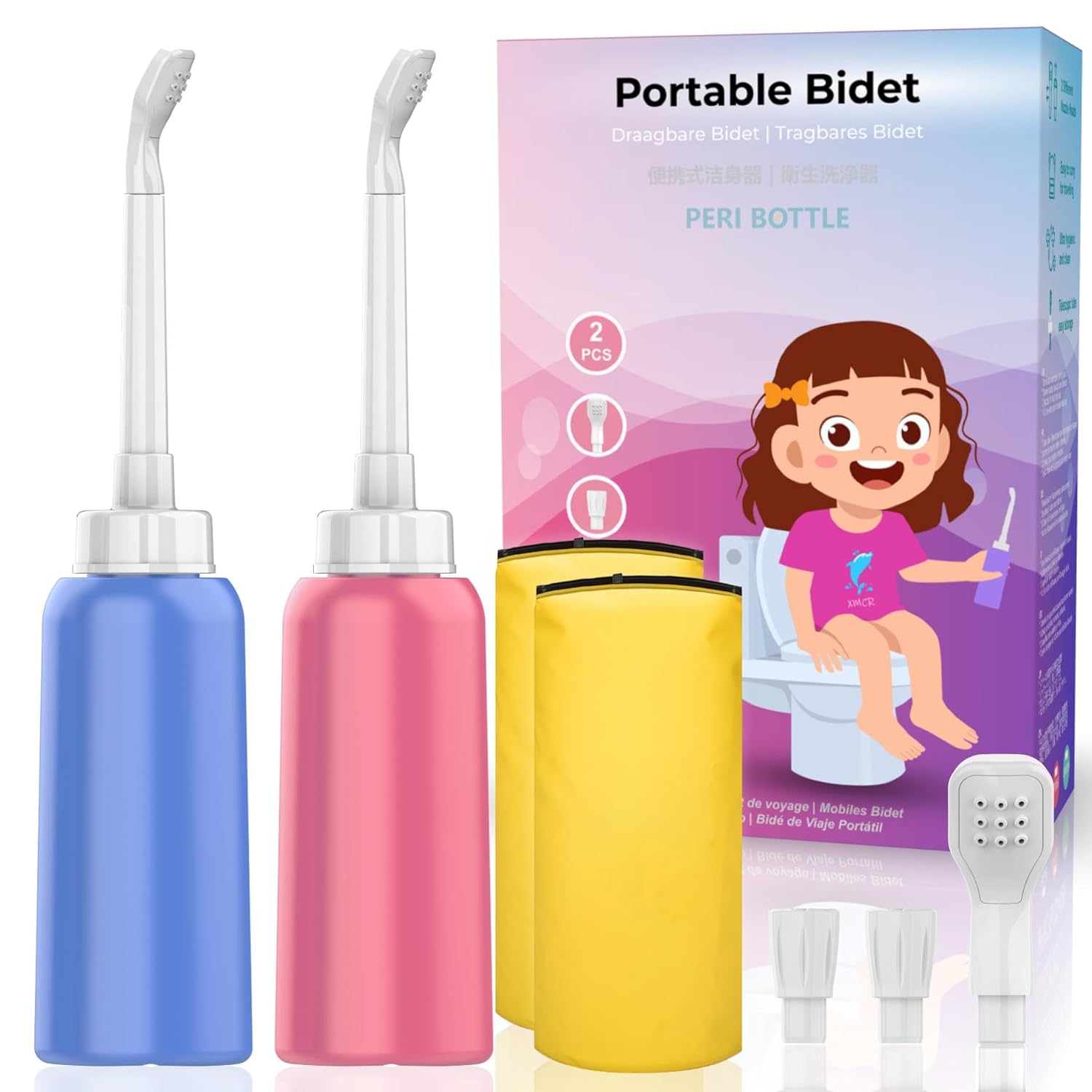 2PCS-Pack Portable Bidet 500ml for Travel Bidet Bottle with 2 Nozzle Scalable Pipe Storage Bag Peri Bottle for