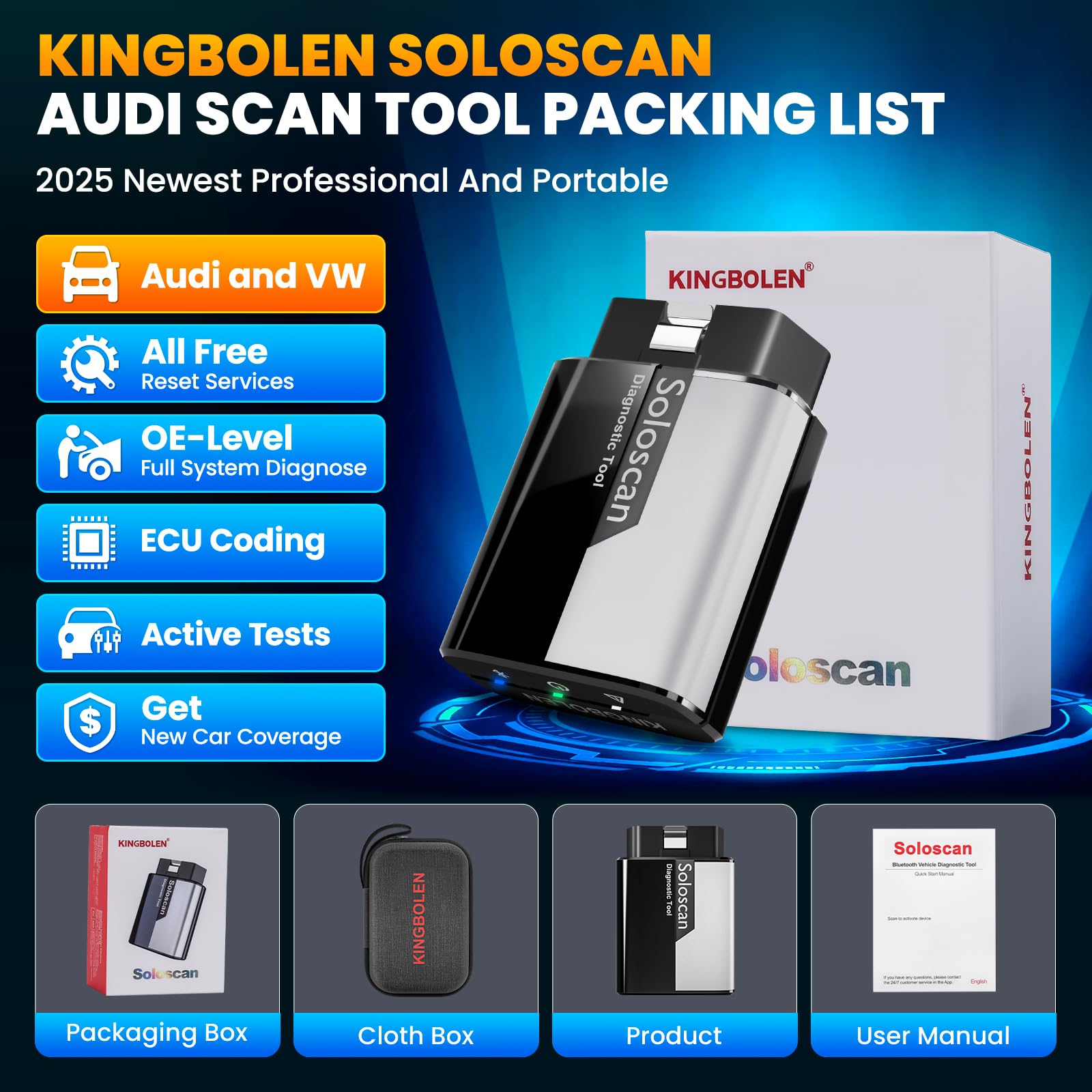 KINGBOLEN Soloscan OBD2 Diagnosis para Volkswagen/Audi/Skoda/Seat/Bentley/Bugatti/Lamborghini, Bluetooth Diagnosis Coche,Diagnóstico de Todos los Sistemas, 50+ Servicios, Actualizaciones gratuitas