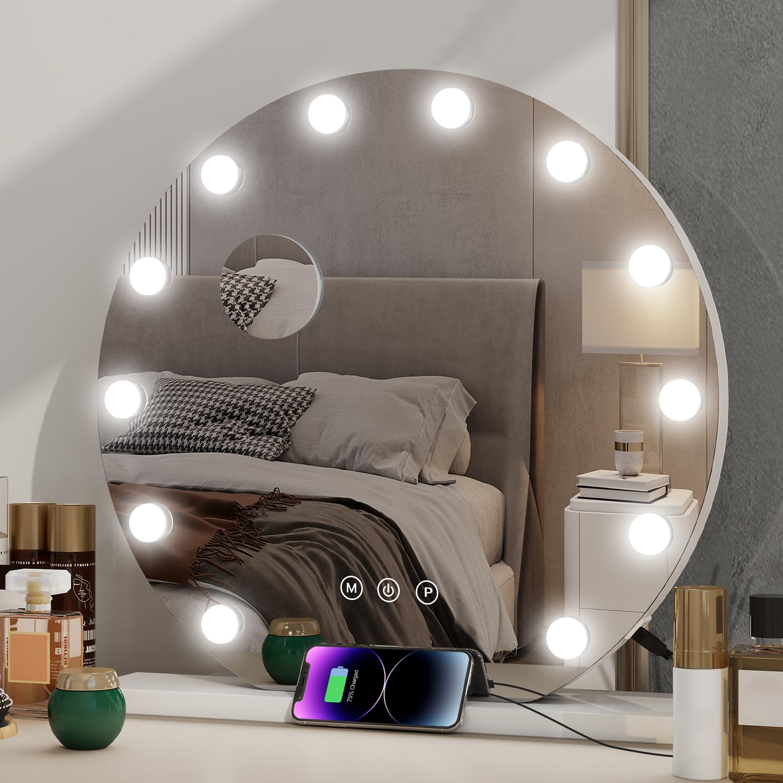 Kwanner Hollywood Schminkspiegel mit LED-Beleuchtung Rund 50cm, Spiegel mit Beleuchtung, 12 Dimmbare Lampen 3 Lichtfarben, Touch Schalter, USB Anschlüssen, Makeup Schminkspiegel mit Licht, Weiß