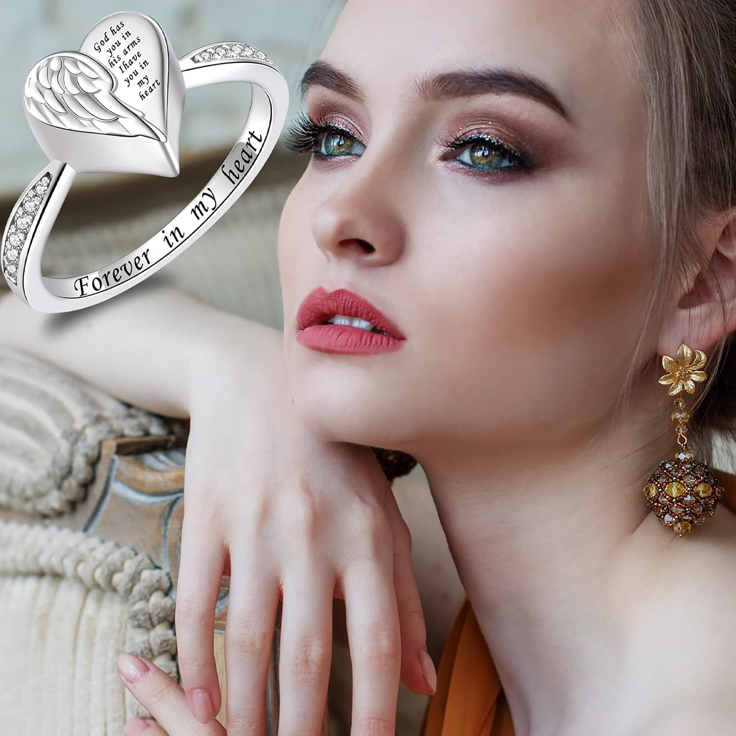 Angel Wing Heart Cremation Ring for Women - 925 Sterling Silver Holds Loved Ones Ashes Rings for Pet Human Ash