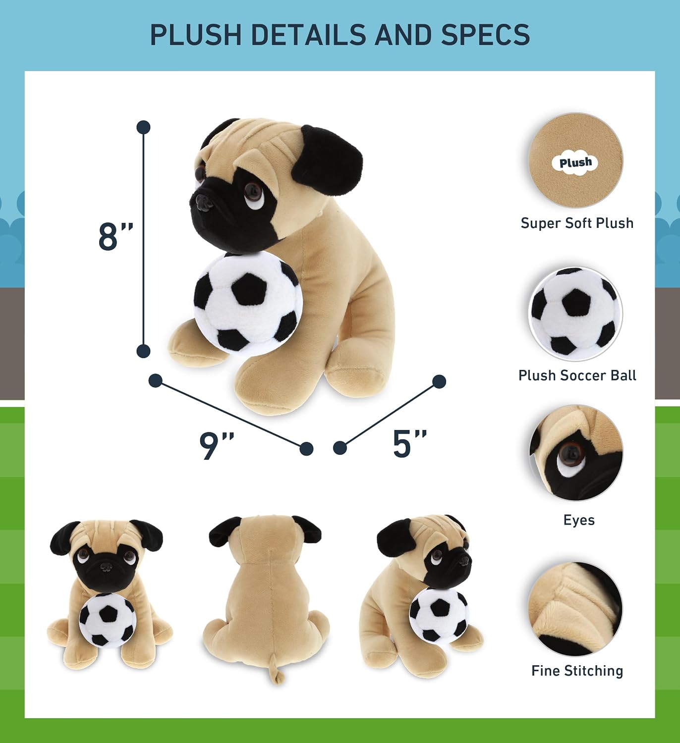DolliBu Pug Dog Stuffed Animal with Soccer Ball - Soft, Huggable, Adorable Playtime Dog Toy, Cute Pet Gift - Super Soft Plush - 8 Inches
