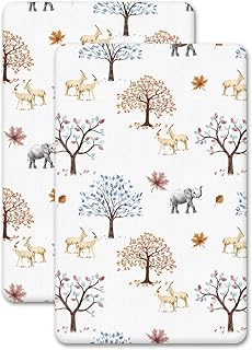 2 x Travel Cot Fitted Sheets - 100% Cotton, Soft & Comfy, Antiallergic & Breathable (Animals & Trees, 95 x 65 cm)