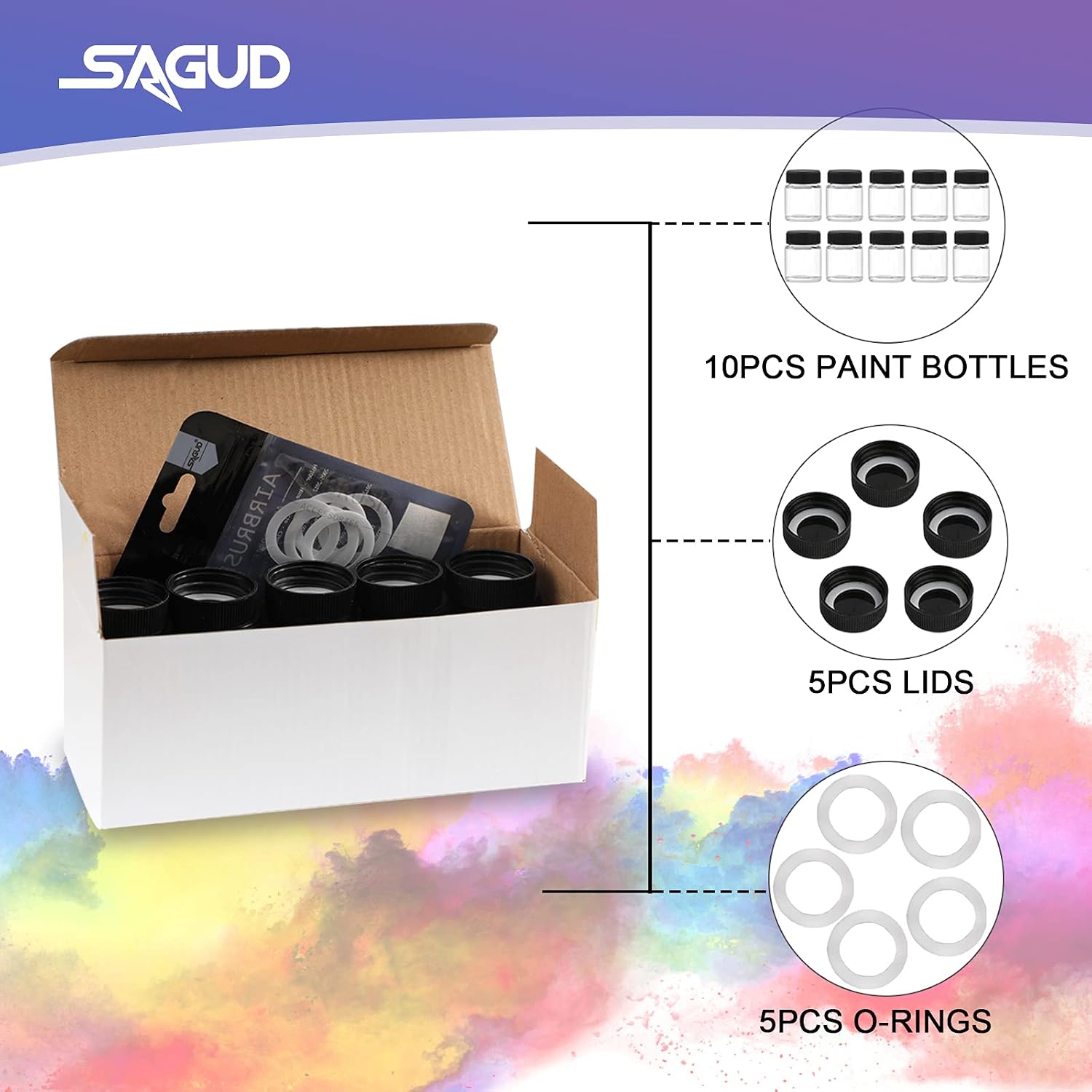 10pcs Airbrush Bottles 3/4oz 22cc with Plastic Lids Kit and Extra 5pcs Lids 5pcs O-Ring, Air brush Paint Storage Jars Store Pigments Color Inks
