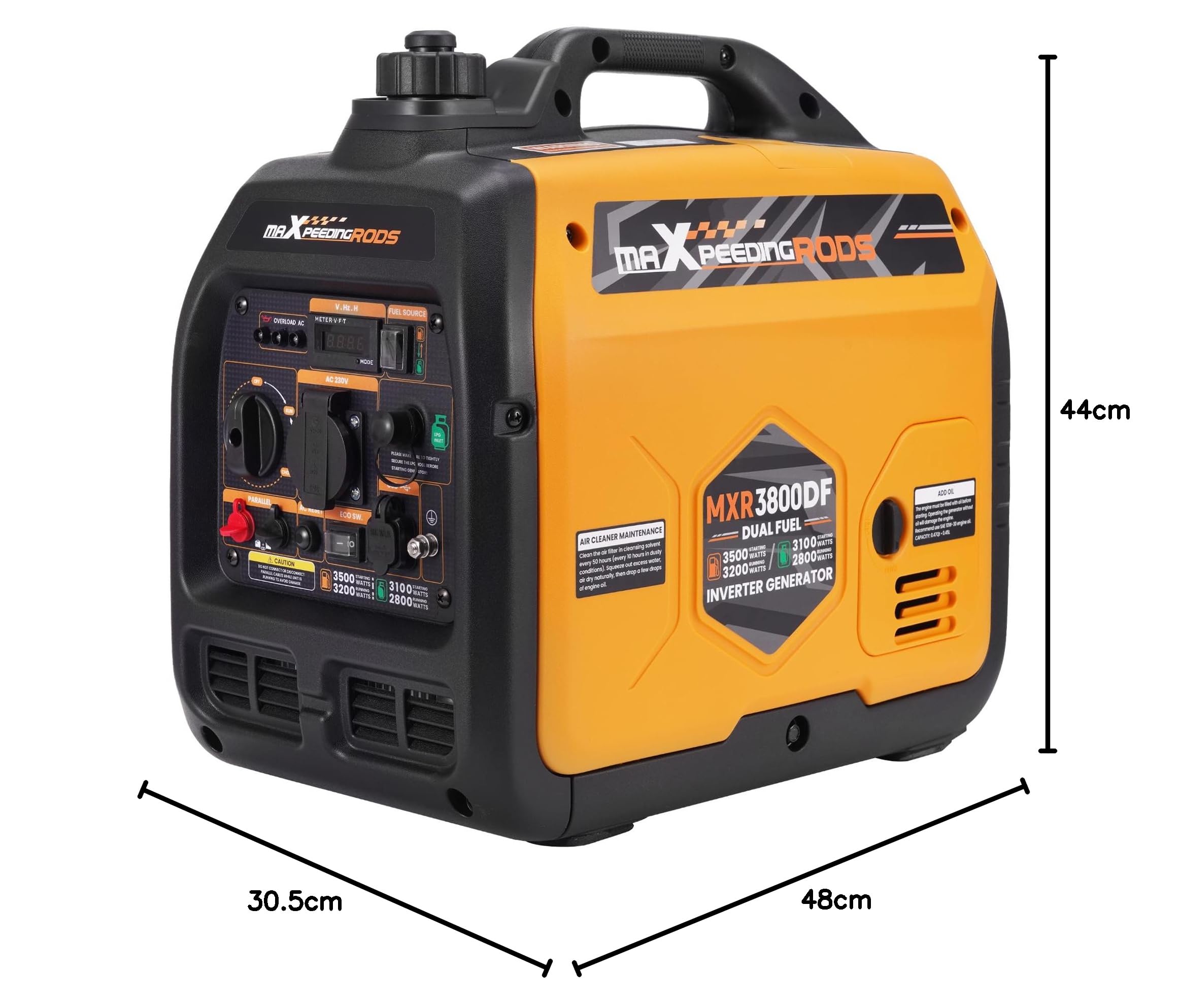 maXpeedingrods Groupe Electrogene Silencieux GPL et Essence 3500W Inverter Générateur Portable avec Prises USB et 230V avec Affichage Numérique pour Camping Car Caravanes Jardin | Generador inversor con tomas USB y de 230 V y pantalla digital para autocar