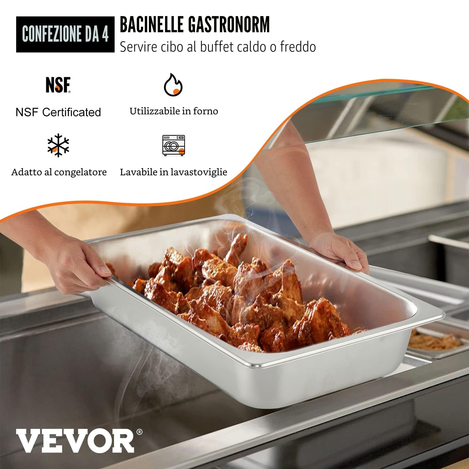 VEVOR Vassoio Rettangolare Portabile 13L Vassoio in Acciaio Inossidabile da 4 Pezzi, Piatto e Pentola al Vapore da Cucina 530x325x100mm con Coperchio, Teglia da Forno per Bar, Ristorante e Hotel