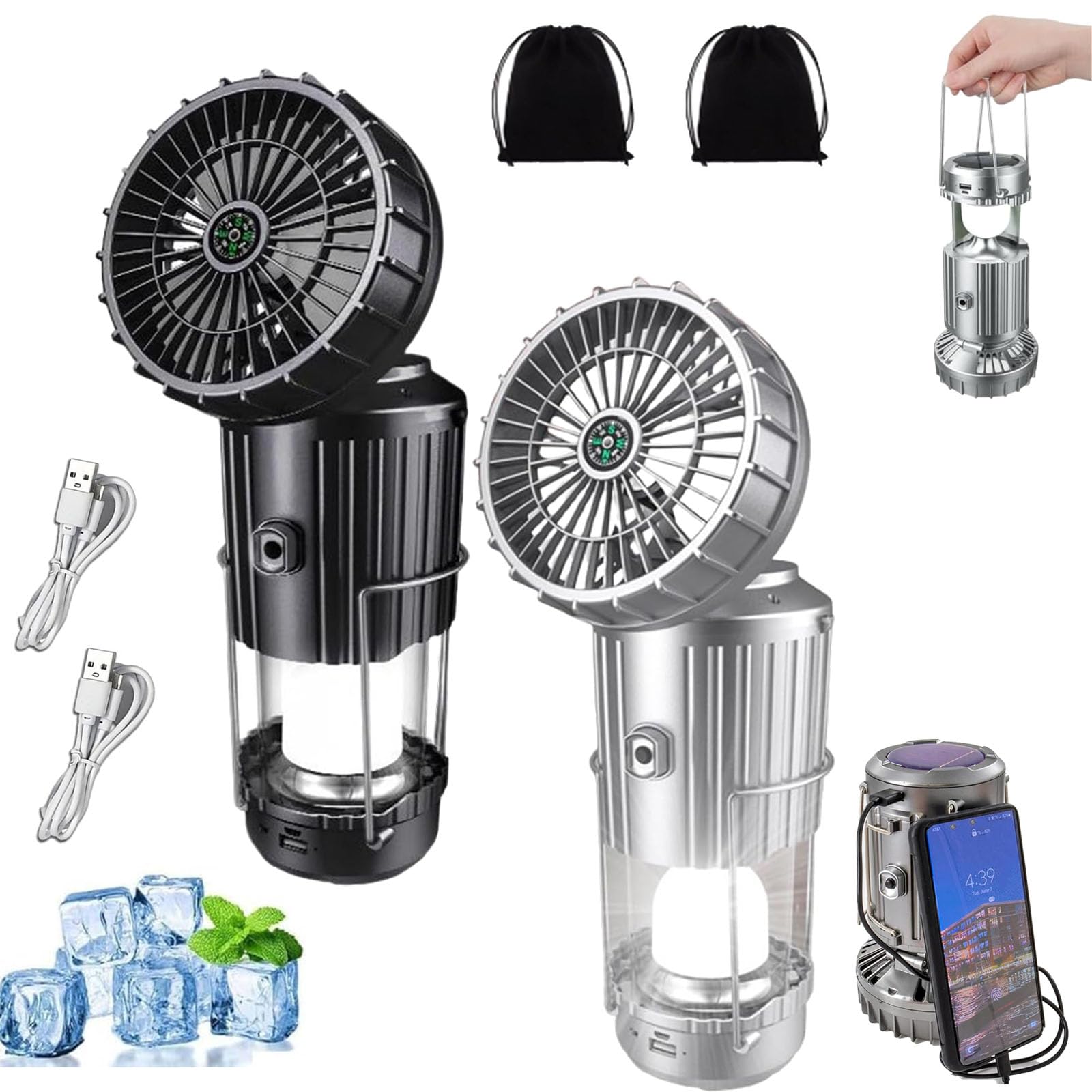 Linterna de camping, linterna LED portátil 5 en 1 con ventilador, plegable, funciona con energía solar, recargable por USB, luces colgantes de emergencia para tienda de campaña, senderismo (2