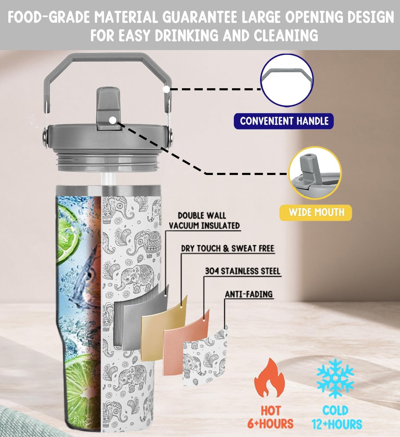 Elephant Tumbler with Handle and Flip Straw Gray Elephant Cup Insulated Leak Proof Coffee Travel Mug Water Bottle Elephants Gifts for Women Christmas Mothers Day Birthday-30 oz(1PCS) - Image 5