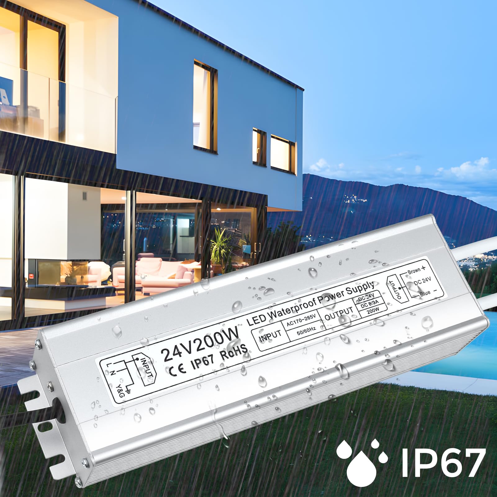 inShareplus Trasformatore LED 24 V 8,33 A 200 W IP67 impermeabile driver per esterni, AC 220 – 240 V a DC 24 Volt a bassa tensione, alimentatore da 24 V per luce LED, progetto computer, uso esterno