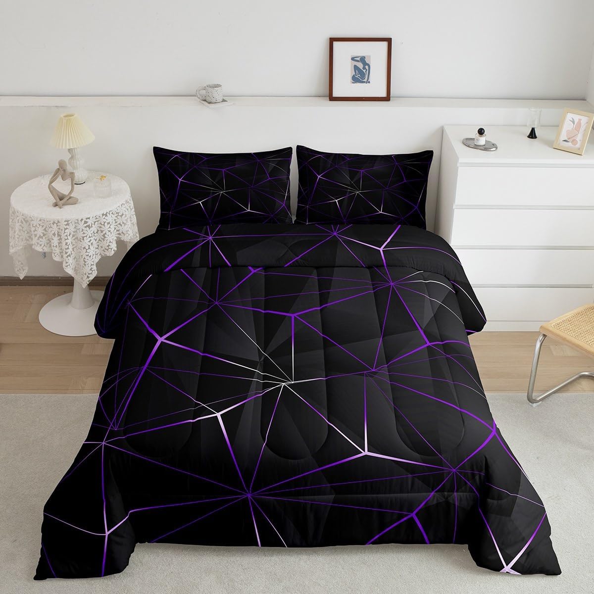 Erosebridal Geometric Comforter Set, Irregular Diamond Bedding Set for Kids Teens Adult Women, Lightweight Microfiber Quilt All Season - 1 Comforter, 2 Pillow Cases(Black Purple, Queen)