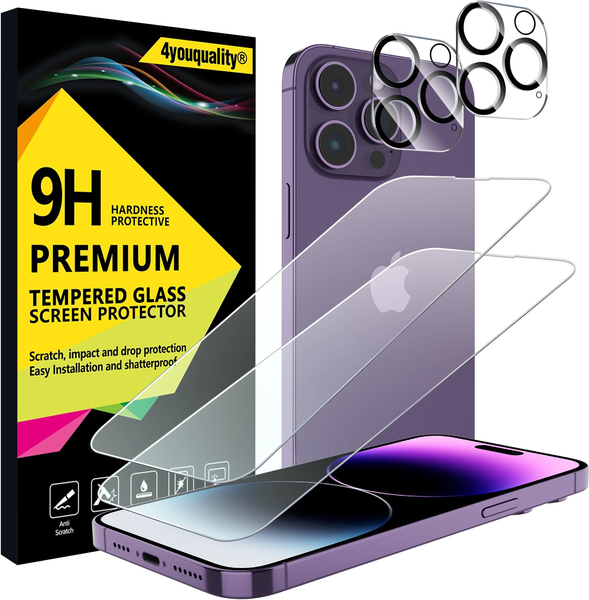 4youquality [4-in-1 Screen Protector for iPhone 14 Pro Max with Camera Lens Protector, Tempered Glass Film, 2-Pack Each, [LifetimeSupport][Impact-Resistant][Anti-Scratch][Ultra-Transparent]