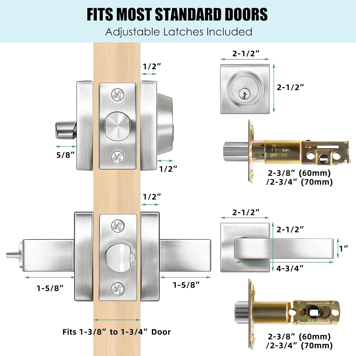 Square Exterior Door Handle with Deadbolt, Satin Nickel Entry Door Locksets with Deadbolt, Door Handle and Deadbolt Set for Home and Office, Reversible for Right and Left Sided Doors, 1 Pack