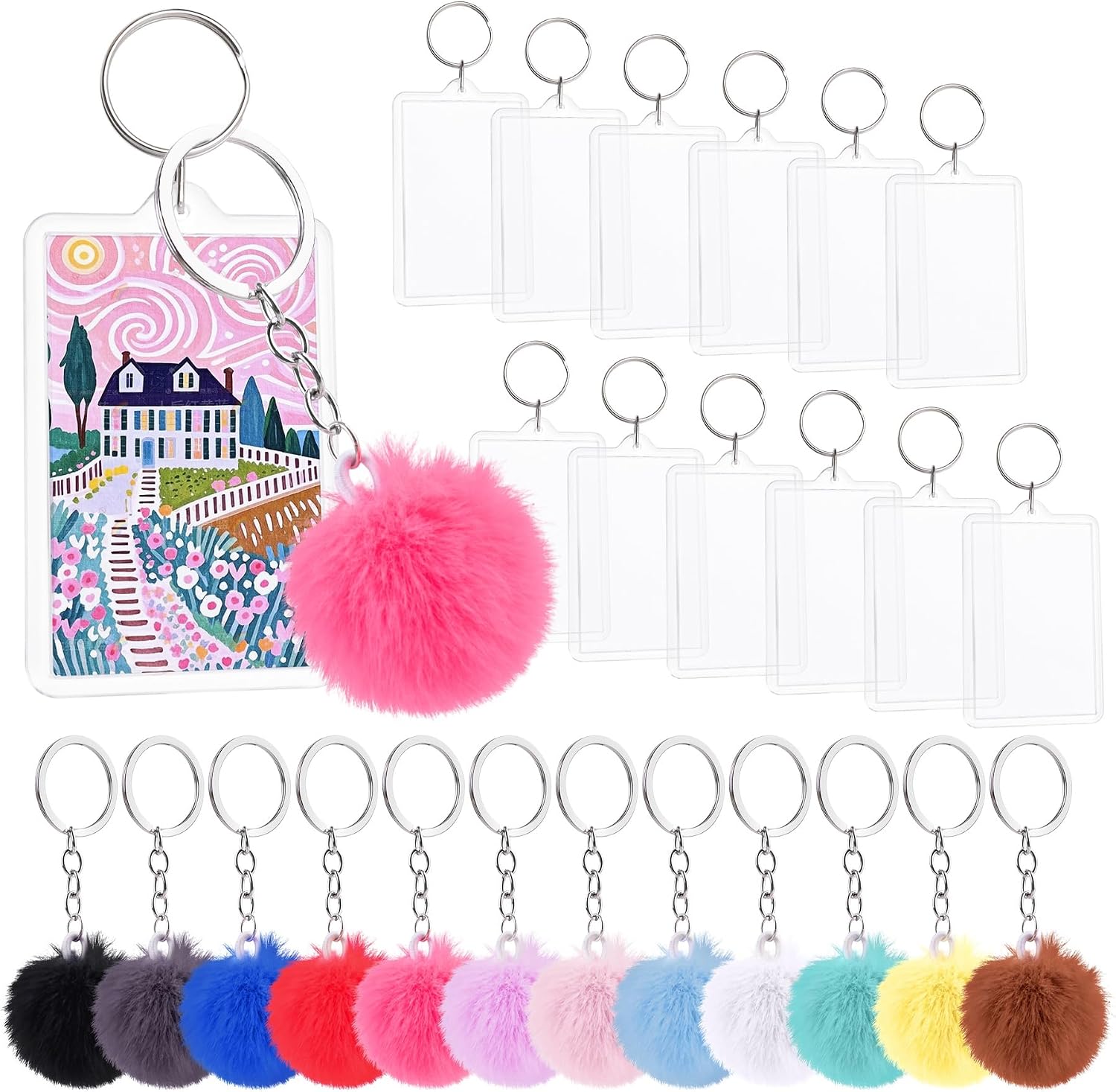 Framendino, 12 Sets Acrylic Picture Frame Keychain Kits Including Blank Rectangle 2 x 3 Inches and Colors Fluffy Poms for DIY Making Suppiles
