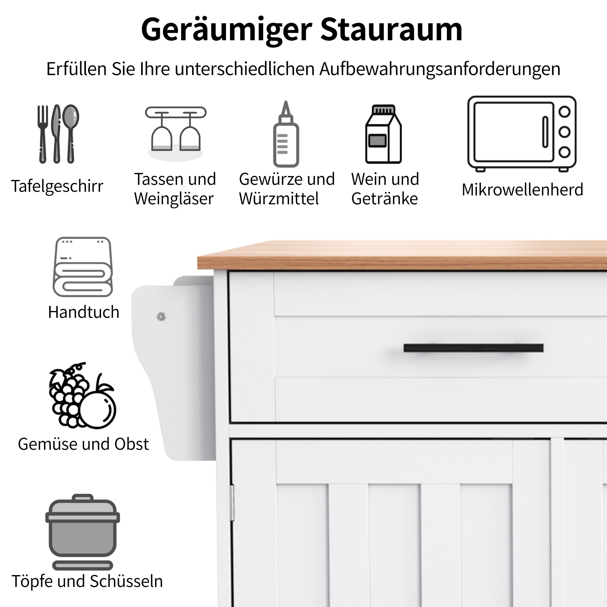 Carrello da cucina espandibile con 5 ruote, carrello di servizio versatile, 2 ripiani, bianco con ripiano, dimensioni 129 x 91,5 x 46-71 cm, perfetto per casa e sala da pranzo