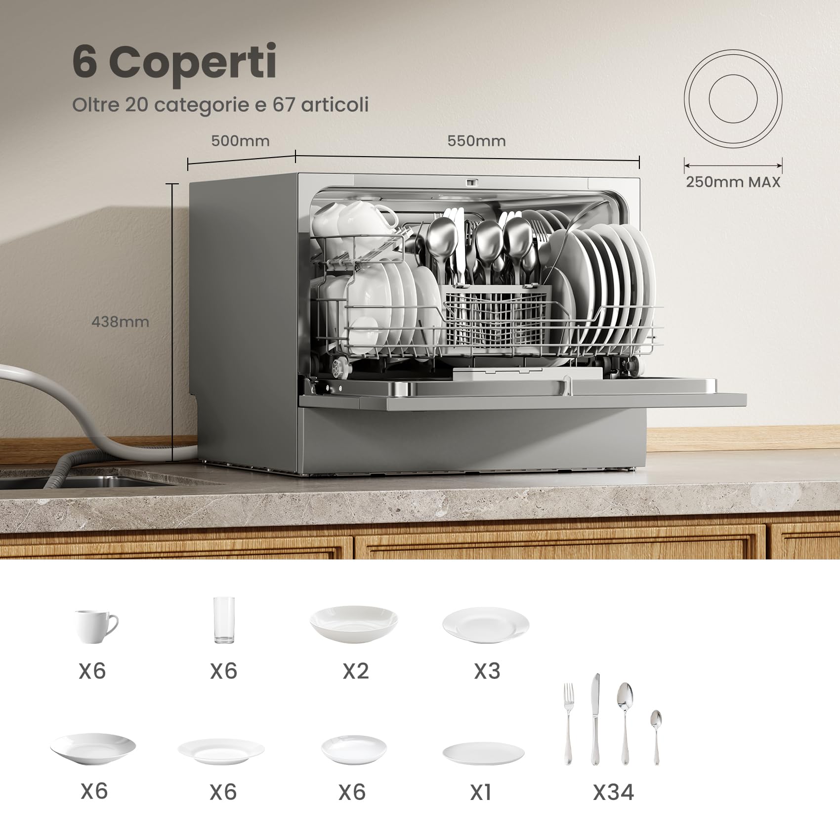 COMFEE Compact Geschirrspüler Mini 6 Maßgedecke 6 Programme Clase D LED-Display Startzeitvorwahl 70°C 47 dB silber