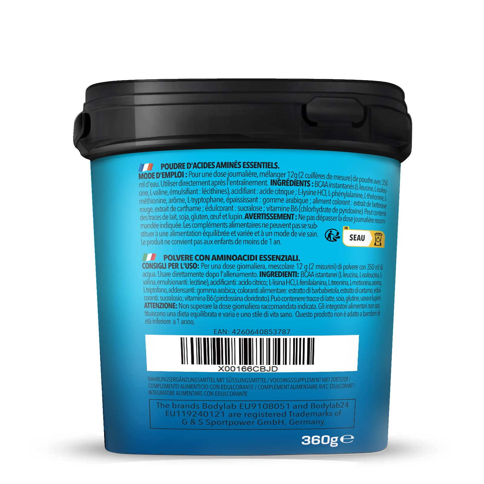 Bodylab24 EAA Essential Amino Acids Anguria 360g, 8 aminoacidi essenziali in alte dosi, tutti i BCAA & EAA inclusi, vitamina B6, EAA in polvere, delizioso gusto fruttato
