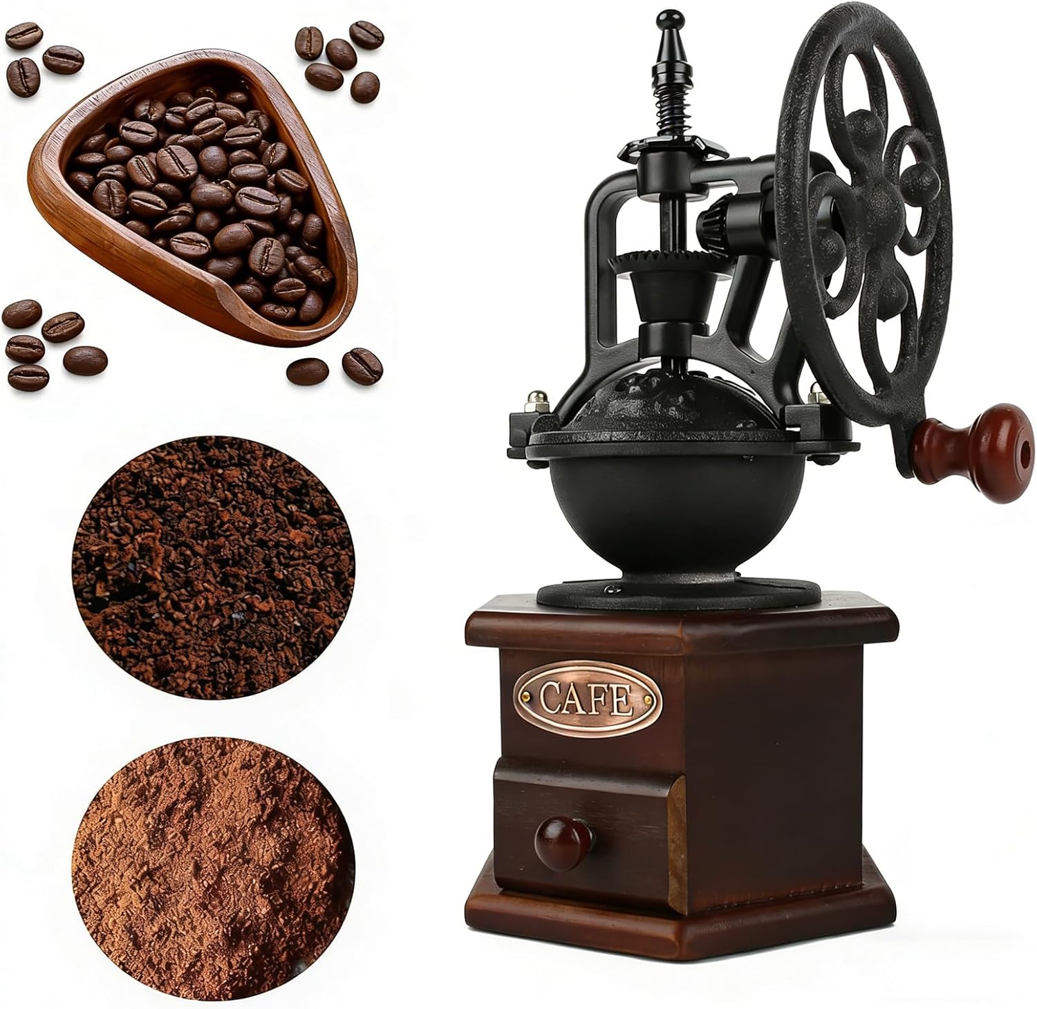 Manual Coffee Bean Grinder - Molino de Cafe Manual with Iron Ferris Wheel Crank and Wooden Body, Ceramic Coffee Burr Grinder Vintage Manual Coffee Grinders for Home Use (Hexagon)