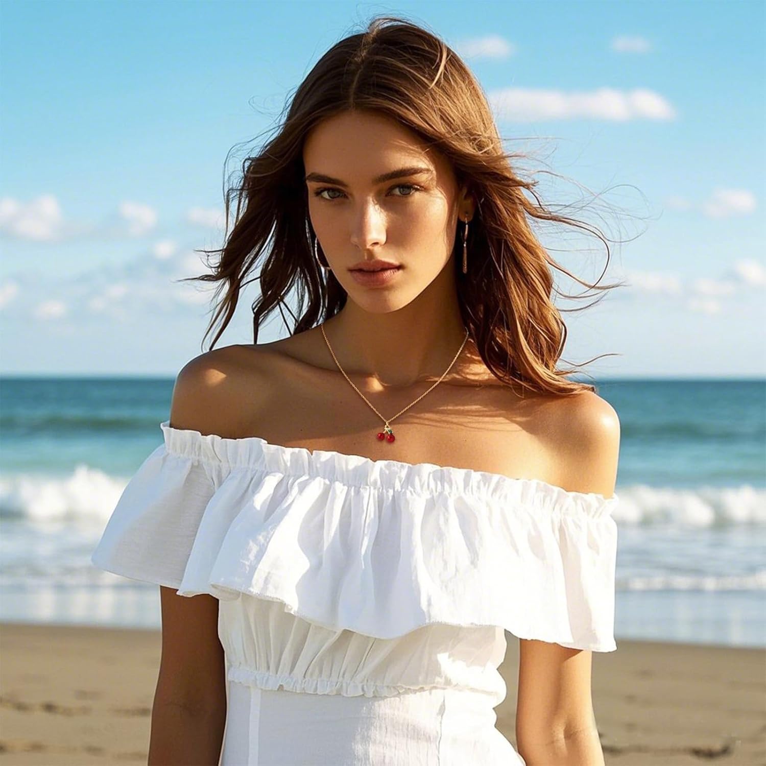 Cherry Necklace Red Cherry Charm Jewelry with Adjustable Length Pearls Necklaces for Women Spring Fruit Pearl Necklace Summer Beach Jewelry - Image 3