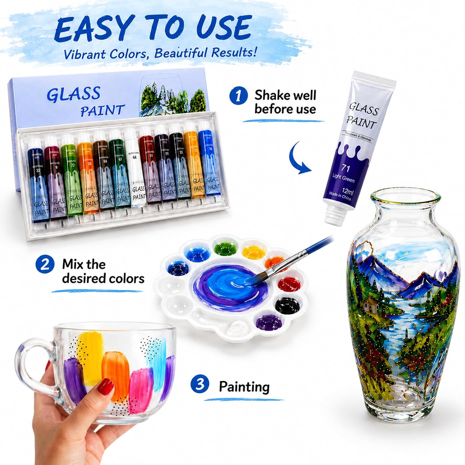 EZ-U Acrylic Glass Paint Kit Transparent Stained Glass Paint for Wine Glass Window Ceramic Bottle Non-Toxic Waterproof Acrylic Enamel Painting Set for Adults Beginners(12 Colors / 5.04 Oz)