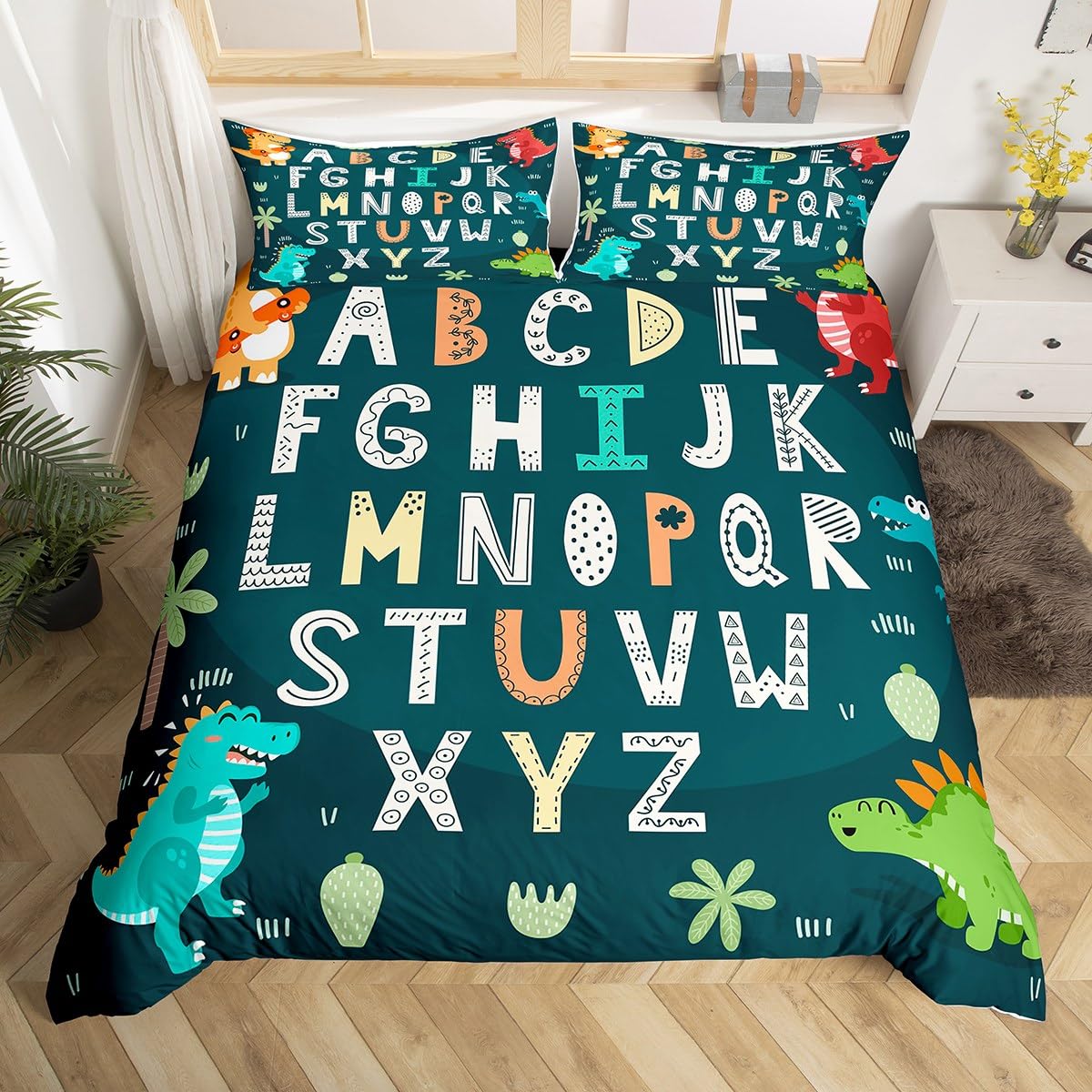 richhome Alphabet Kids Abc Learning Duvet Cover Junior/Cot Bed, Cartoon Comforter Cover Kids Educational Nursery Art Bedding Set For Boys Girls Jungle Dino 2Pcs With 1 Pillowcase