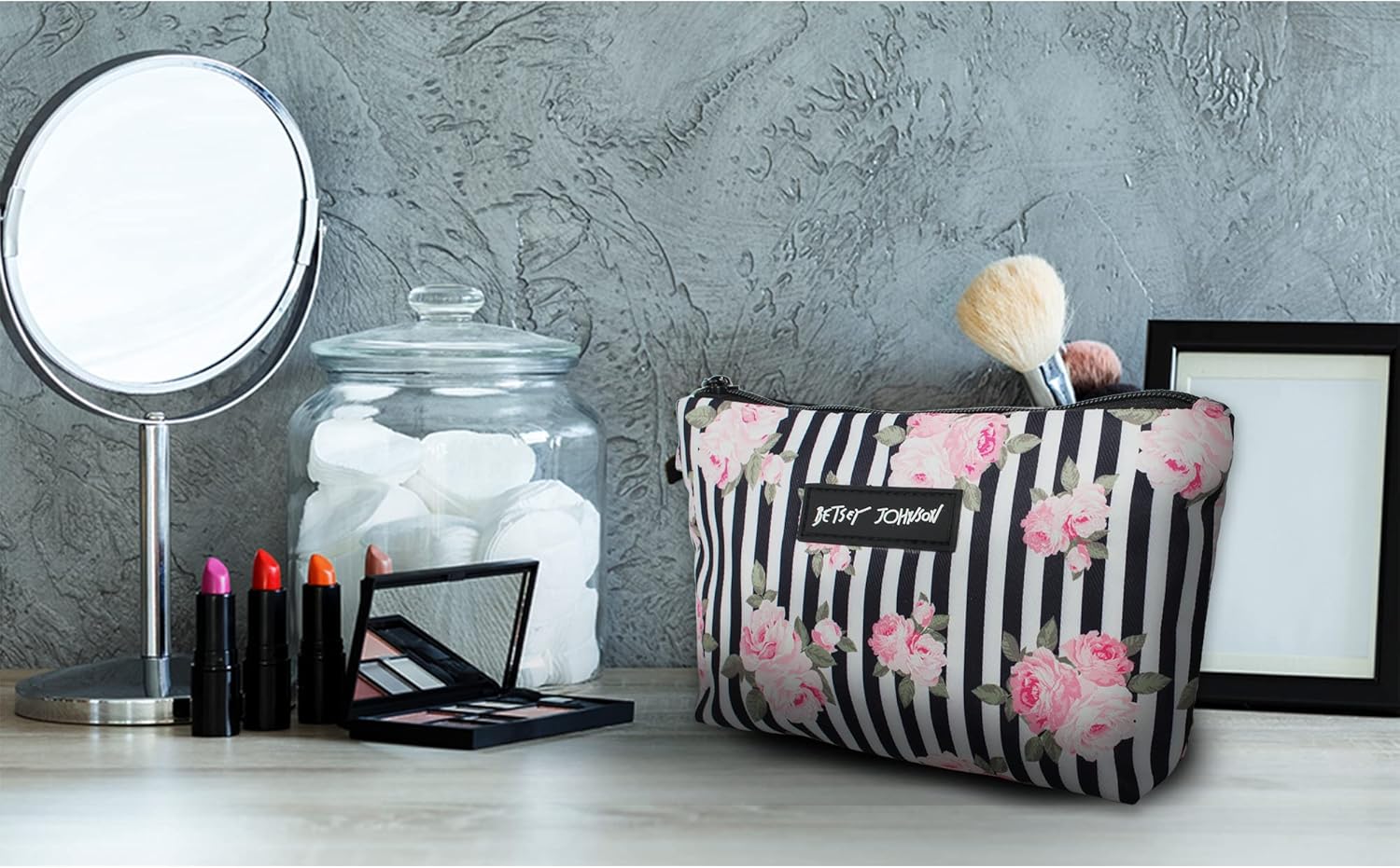 Betsey Johnson 8.5 Inch Zipper Cosmetic Pouch Small Toiletry Bag Lightweight Durable Polyester Organizer with Inner Zipped Pocket Good For Makeup Accessories and Travel Needs (Stripe Roses)