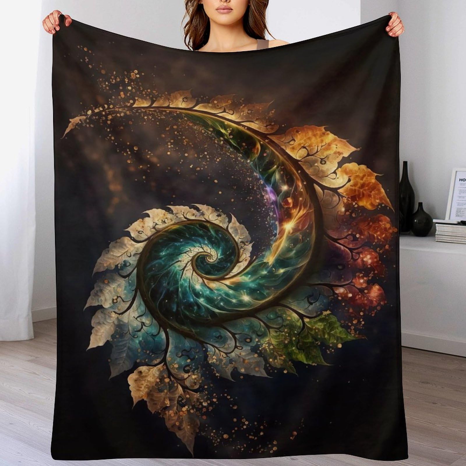 Couverture en flannel de qualité supérieure au motif de feuille spirale cosmique moderne