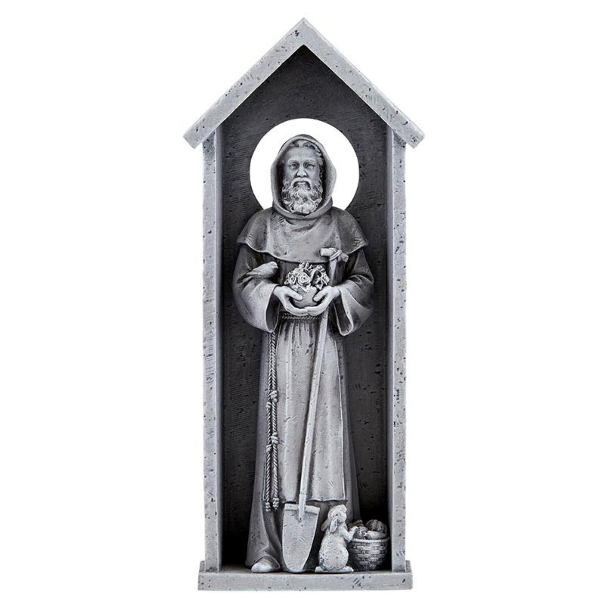 Christian Brands Avalon Gallery Garden Décor - Saint Fiacre Stone-Resin Indoor/Outdoor Catholic Wall Plaque, 8.25" Tall, Grey