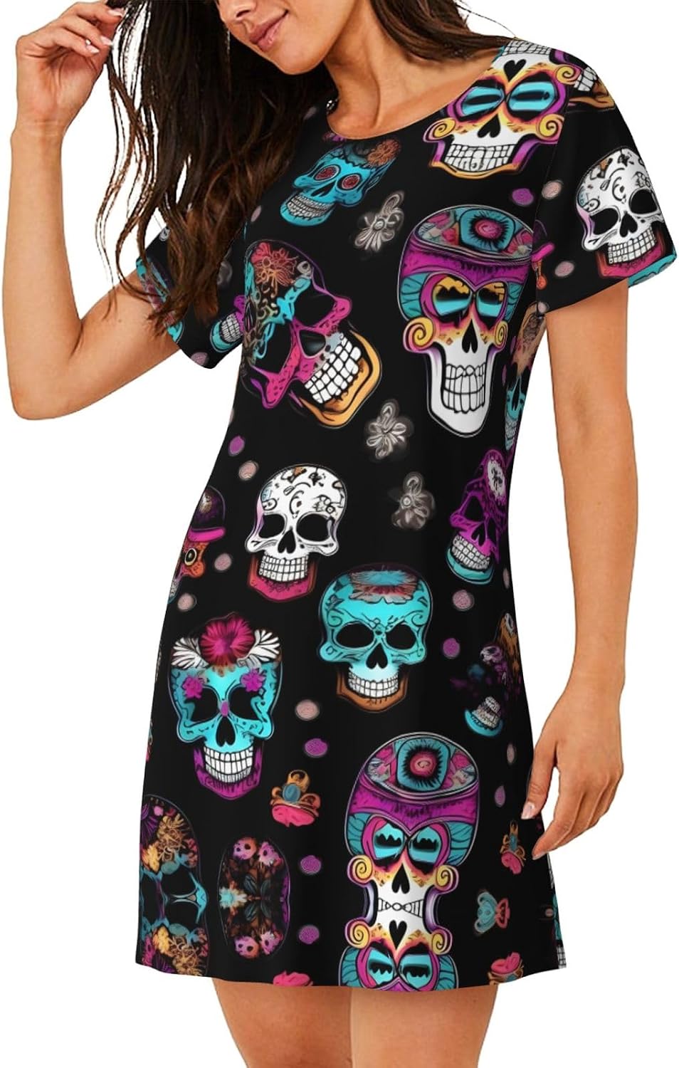 Sugar and Skulls Style Print Sleep Shirts for Women Short Sleeve Night Shirts for Sleeping Pullover Nightgown